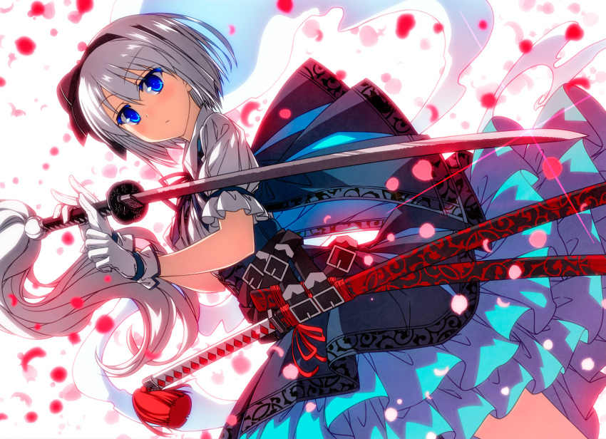 1girl belt bent_elbow black_hairband black_ribbon blue_eyes blush colored_eyelashes commentary_request cowboy_shot dress dutch_angle eyebrows_visible_through_hair gloves green_skirt hair_ribbon hairband highres hitodama holding holding_sword holding_weapon katana konpaku_youmu konpaku_youmu_(ghost) layered_dress looking_at_viewer neck_ribbon petals petticoat puffy_short_sleeves puffy_sleeves ribbon sazanami_mio sheath sheathed shirt short_hair short_sleeves silver_hair simple_background skirt solo sparkle standing sword touhou weapon white_background white_gloves white_shirt