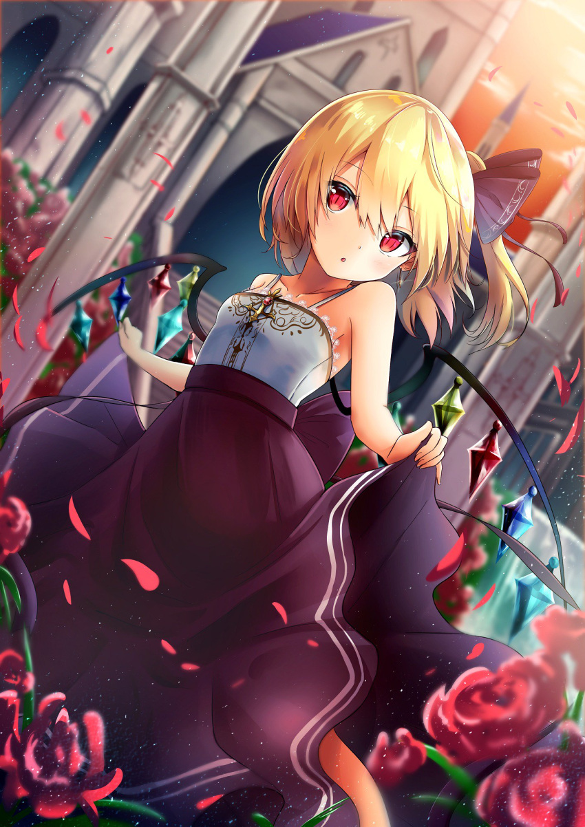 1girl alternate_costume bare_arms bare_shoulders black_ribbon black_skirt blonde_hair breasts building collarbone commentary_request dutch_angle eyebrows_visible_through_hair flandre_scarlet flower hair_between_eyes hair_ribbon highres lifted_by_self looking_at_viewer no_hat no_headwear orange_sky parted_lips petals red_eyes red_flower red_rose renka_(cloudsaikou) ribbon rose short_hair side_ponytail skirt skirt_lift sky slit_pupils small_breasts solo spaghetti_strap touhou wings