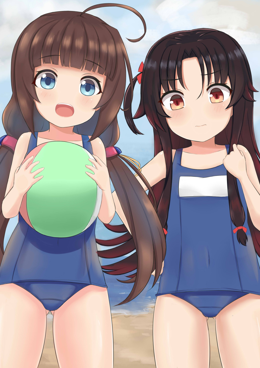 2girls :d absurdres ahoge ball bangs bare_arms bare_shoulders beach beachball black_hair blue_eyes blue_swimsuit blunt_bangs blush brown_hair closed_mouth collarbone commentary_request covered_navel gluteal_fold hair_between_eyes hair_ribbon hand_up hands_up hank_(spider921) highres hinatsuru_ai holding holding_ball long_hair low_twintails multiple_girls ocean old_school_swimsuit open_mouth red_eyes red_ribbon ribbon ryuuou_no_oshigoto! sand school_swimsuit sidelocks smile swimsuit twintails upper_teeth very_long_hair water yashajin_ai