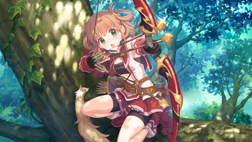 1girl arrow bow brown_hair cygames green_eyes inosaki_rino official_art princess_connect! shorts_under_skirt squatting strapless tree tubetop