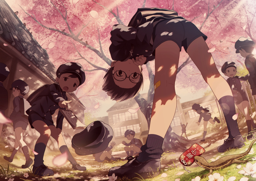 6+boys bandaid bandaid_on_knee cherry_blossoms from_below glasses hat lizard male_focus multiple_boys noeyebrow_(mauve) open_mouth original pointing school_uniform shorts spring_(season) standing tree