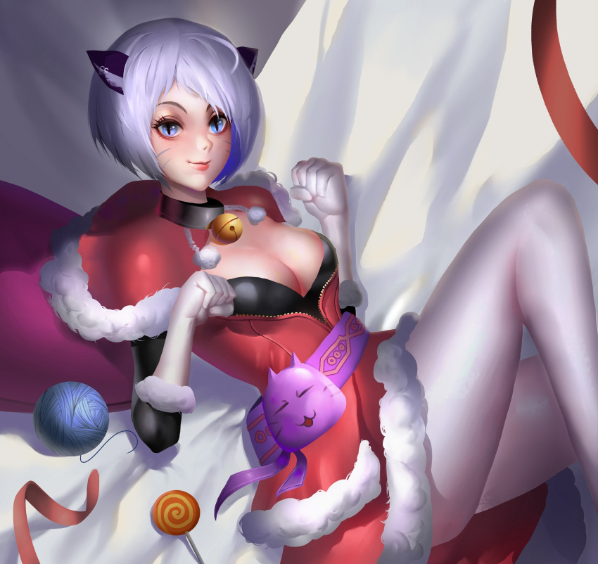 1girl angel_(kof) animal_ears bell bell_choker blue_eyes breasts candy capelet cat_ears choker christmas cleavage food gloves highres kemonomimi_mode large_breasts lollipop oroo pantyhose paw_pose silver_hair slit_pupils solo swirl_lollipop the_king_of_fighters unzipped whisker_markings white_gloves white_legwear yarn yarn_ball