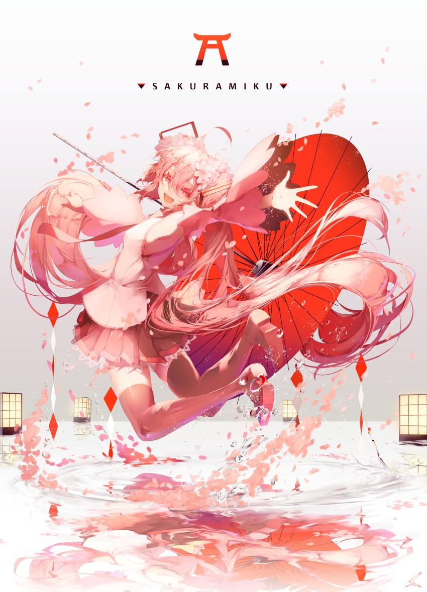 1girl absurdres ahoge armpits boots character_name detached_sleeves flower from_side full_body hair_flower hair_ornament hatsune_miku highres jumping long_hair necktie open_mouth oriental_umbrella outstretched_arm pink_eyes pink_hair reflection ripples saihate_(d3) sakura_miku skirt solo splashing thigh-highs thigh_boots twintails umbrella very_long_hair vocaloid water