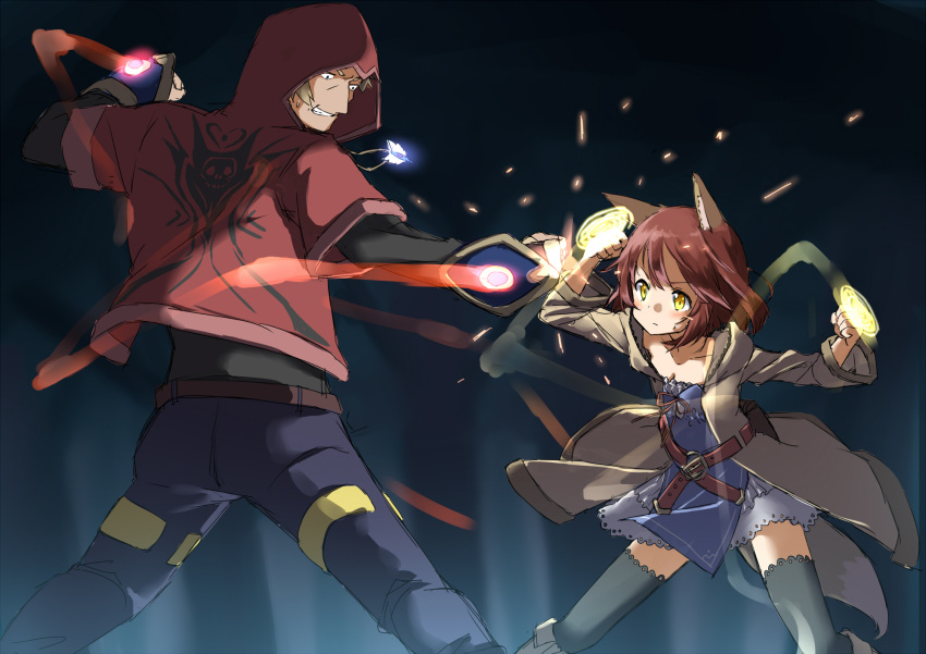 1boy 1girl amane_rosylily animal_ears bangs belt_buckle black_legwear black_shirt blue_pants blurry blurry_background blush boots breasts brown_belt brown_coat brown_footwear brown_hair buckle cleavage clenched_hands clenched_teeth closed_mouth coat collarbone commentary_request depth_of_field dress fantasy fighting fox_ears highres hood hood_down hood_up hooded_coat hooded_jacket jacket jewelry knee_boots long_sleeves magic night open_clothes open_coat original outdoors pants pendant punching red_jacket sekira_ame shirt short_hair short_over_long_sleeves short_sleeves small_breasts strapless strapless_dress sweat teeth thigh-highs tree v-shaped_eyebrows white_dress yellow_eyes