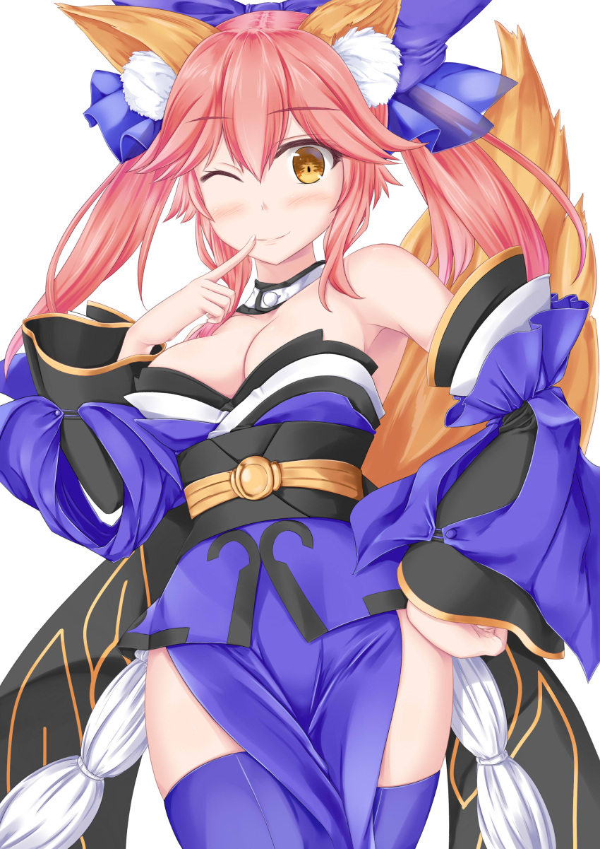 1girl ;&lt; absurdres animal_ears armpits ayakase_hotaru bent_elbows blush breasts cleavage closed_mouth eyebrows_visible_through_hair fate/extra fate_(series) finger_to_mouth hair_between_eyes hair_ribbon highres long_hair long_sleeves looking_at_viewer multicolored multicolored_clothes purple_ribbon redhead ribbon sidelocks solo standing tamamo_(fate)_(all) tamamo_no_mae_(fate) yellow_eyes