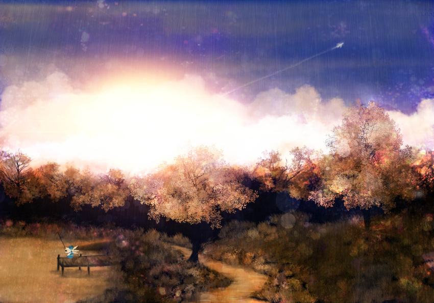 1girl aircraft airplane akyuun anachronism blue_dress blue_hair cirno commentary condensation_trail dress fishing fishing_rod grass highres ice ice_wings lake landscape path pier road scenery sitting sky solo sun touhou tree wings