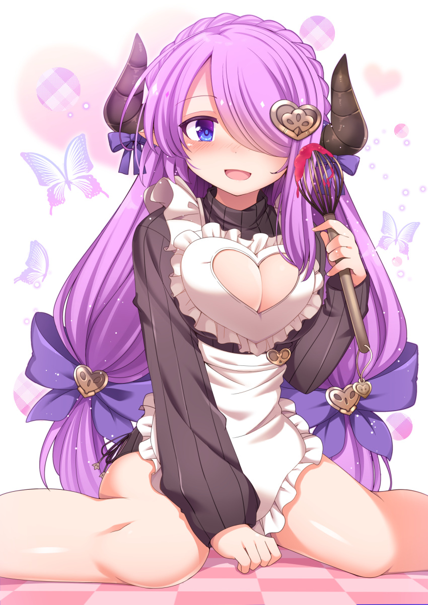 1girl apron bangs blue_eyes blush bow braid breasts butterfly checkered checkered_floor cleavage cleavage_cutout commentary_request crown_braid draph dress frilled_apron frills granblue_fantasy hair_ornament hair_over_one_eye heart heart_cutout heart_hair_ornament highres horn_bow horn_ribbon horns large_breasts long_hair long_sleeves looking_at_viewer low-tied_long_hair meme_attire narmaya_(granblue_fantasy) open-chest_sweater open_mouth pointy_ears purple_bow purple_hair purple_ribbon ribbed_sweater ribbon sitting smile snow_(gi66gotyo) solo sweater sweater_dress turtleneck turtleneck_sweater twintails valentine waist_apron wariza whisk white_apron