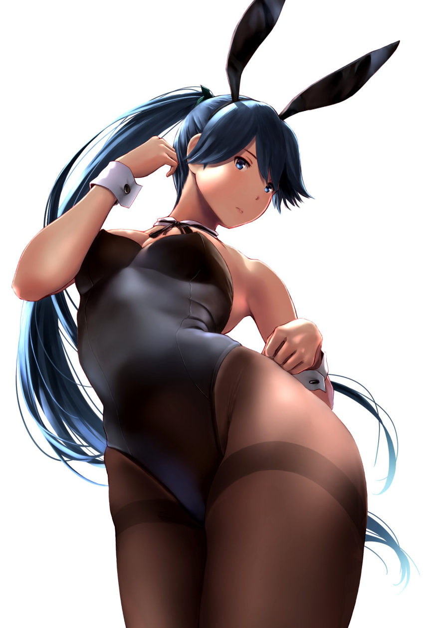 1girl alternate_costume animal_ears bangs bare_shoulders black_hair black_hairband black_leotard black_neckwear black_ribbon blue_eyes blush breasts brown_legwear bunnysuit cleavage closed_mouth contrapposto cowboy_shot eyebrows_visible_through_hair fake_animal_ears foreshortening from_below hairband hand_on_hip hand_up highres houshou_(kantai_collection) kantai_collection leotard neck_ribbon pantyhose ponytail rabbit_ears ribbon simple_background snow solo standing strapless strapless_leotard swept_bangs thighband_pantyhose thighs wa_(genryusui) white_background wrist_cuffs