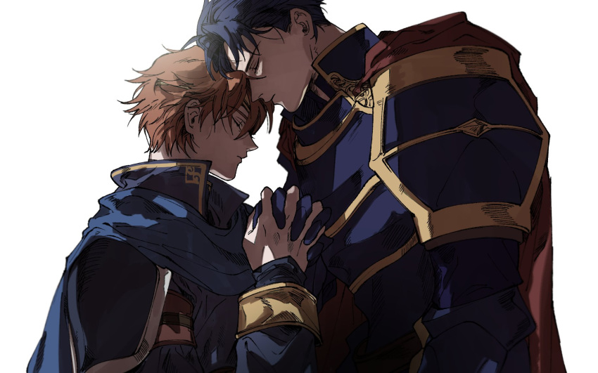 2boys armor blue_hair cape eliwood_(fire_emblem) fire_emblem fire_emblem:_rekka_no_ken forehead-to-forehead gloves hand_holding hector_(fire_emblem) highres multiple_boys redhead short_hair zzzdjgbtq