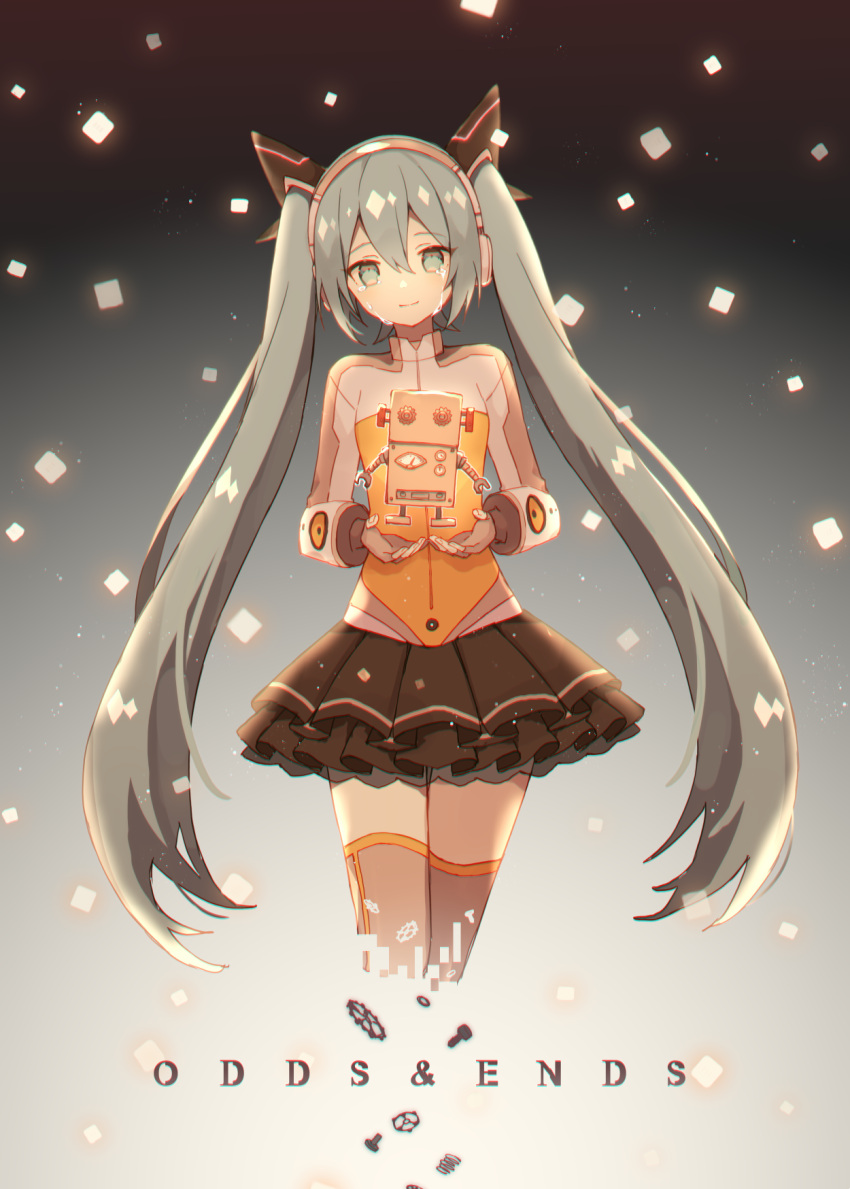 1girl aqua_background aqua_eyes black_skirt blush closed_mouth cropped_legs crying digital_dissolve fingerless_gloves floating gears gloves gradient gradient_background grey_background grey_gloves hatoichi_reno hatsune_miku head_tilt headgear headphones highres layered_skirt light long_hair long_sleeves looking_at_viewer odds_&amp;_ends_(vocaloid) robot shiny shiny_hair skirt smile solo song_name standing streaming_tears tears thigh-highs very_long_hair vocaloid zettai_ryouiki