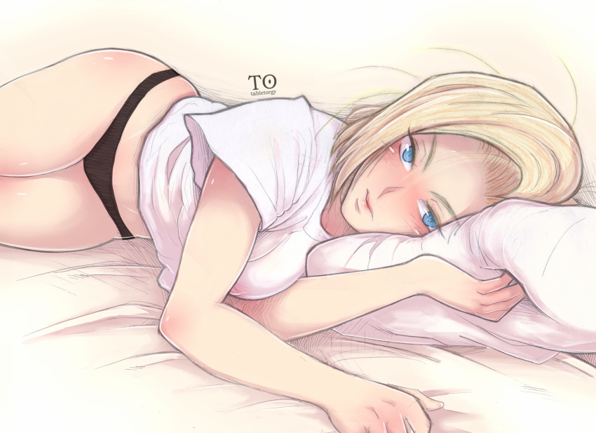 1girl android_18 antiheld artist_name bed black_panties blonde_hair blue_eyes commentary dragon_ball dragonball_z erect_nipples highres looking_at_viewer lying on_side panties pillow revision shirt simple_background solo underwear white_shirt