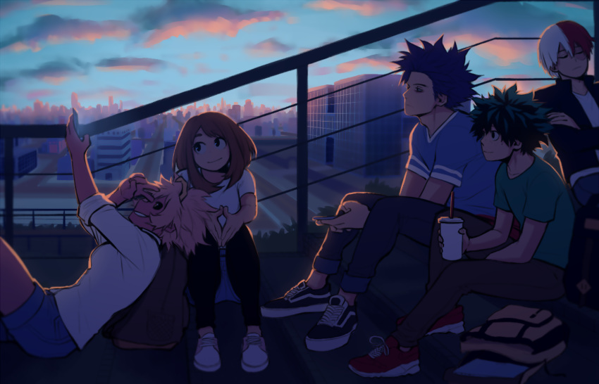 2girls 3boys adam's_apple arm_up ashido_mina backlighting backpack bag bare_arms black_hair blue_shirt blue_sky boku_no_hero_academia burn_scar cellphone closed_eyes crossed_arms cup drinking_cup drinking_straw friends green_shirt half-closed_eyes hand_up hands_together highres holding holding_cup holding_phone horns jacket keiid leaning_back long_sleeves looking_at_another medium_hair messy_hair midoriya_izuku morning multicolored_hair multiple_boys multiple_girls open_clothes open_jacket outdoors pants parted_lips phone pink_hair purple_skin railing redhead scar shinsou_hitoshi shirt shoes short_hair shorts sitting sky sleeves_rolled_up smartphone smile sunrise t-shirt todoroki_shouto two-tone_hair uraraka_ochako v white_hair white_shirt