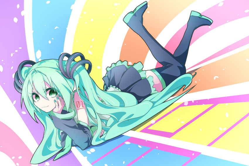 1girl 39 absurdres boots chin_rest detached_sleeves dutch_angle from_side full_body green_eyes green_hair hatsune_miku highres long_hair looking_at_viewer lying nail_polish necktie number_tattoo on_stomach skirt solo tattoo thigh-highs thigh_boots twintails very_long_hair vocaloid
