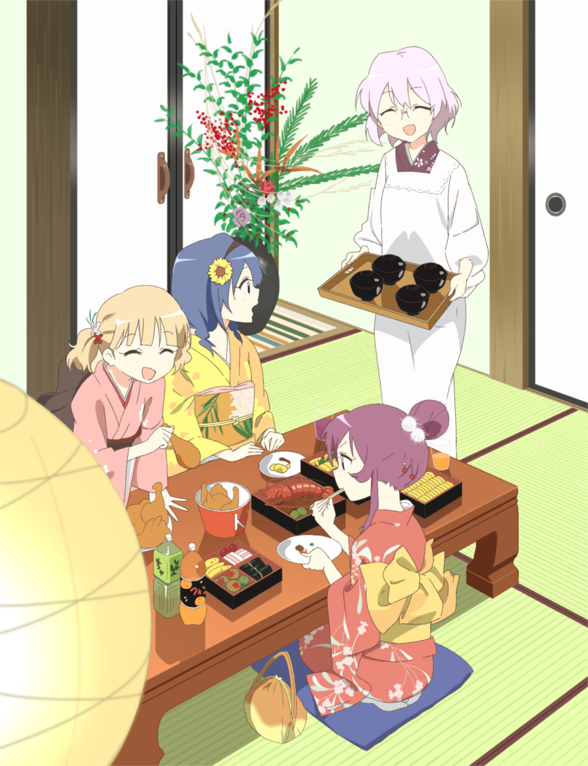 4girls :d ^_^ alternate_hairstyle bag blonde_hair blue_hair chopsticks closed_eyes cup flower fried_chicken furutani_himawari green_tea grey_hair hair_flower hair_ornament handbag highres ikeda_chitose indoors japanese_clothes kfc kimono multiple_girls ochadzuke oomuro_sakurako open_mouth plate purple_hair seiza sitting smile sugiura_ayano table tea twintails yuru_yuri