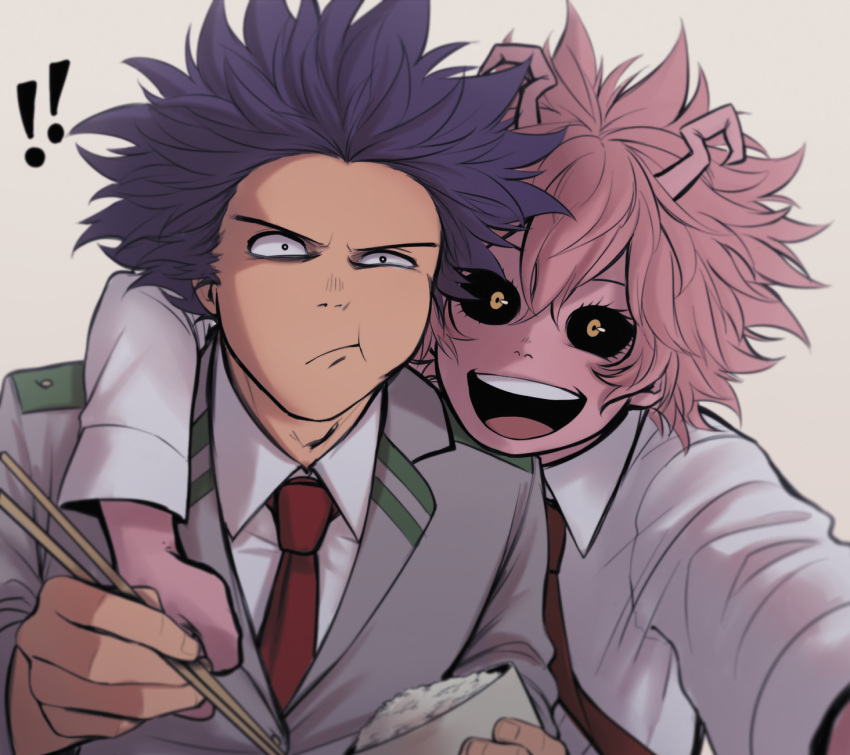 !! &gt;:t 1boy 1girl :d arm_around_neck ashido_mina bags_under_eyes black_sclera blue_hair boku_no_hero_academia chopsticks closed_mouth collared_shirt constricted_pupils eating food food_on_face hair_between_eyes half-closed_eye hands_up highres holding holding_chopsticks horns jacket keiid long_sleeves looking_at_viewer medium_hair messy_hair necktie open_mouth outstretched_arm pink_hair pink_skin red_neckwear rice rice_bowl rice_on_face school_uniform self_shot shinsou_hitoshi shirt smile surprised upper_body upper_teeth v-shaped_eyebrows white_shirt wing_collar yellow_eyes