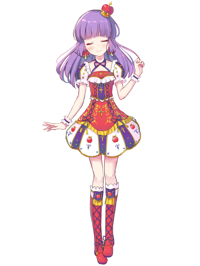 1girl absurdres aikatsu! blush boots closed_eyes closed_mouth cross-laced_footwear crown dress earrings facing_viewer hand_up head_tilt highres hikami_sumire jewelry knee_boots lace-up_boots long_hair makiaato mini_crown multicolored multicolored_clothes multicolored_dress puffy_short_sleeves puffy_sleeves purple_hair red_footwear short_sleeves simple_background smile solo white_background wrist_cuffs