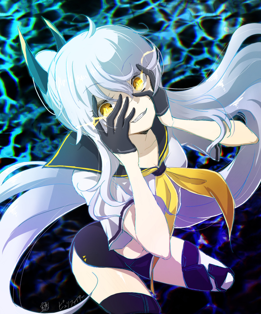 1girl azur_lane black_gloves black_shorts burning_eyes character_name collarbone commentary_request eyebrows_visible_through_hair floating_hair gloves glowing glowing_eyes grin hands_on_own_face highres long_hair long_ponytail looking_at_viewer midriff mochunabeeeee navel neckerchief school_uniform short_shorts short_sleeves shorts signature silver_hair siren_(azur_lane) siren_purifier_(azur_lane) sketch smile solo thigh_strap yandere_trance yellow_eyes yellow_neckwear