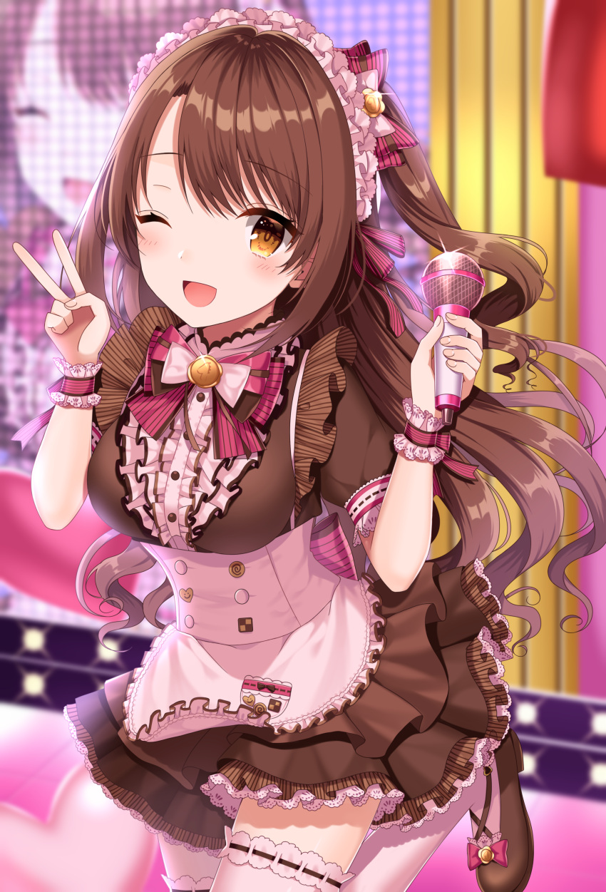 1girl ;d absurdres apron bangs blurry blurry_background blush bow brown_bow brown_dress brown_eyes brown_footwear brown_hair center_frills commentary_request depth_of_field dress eyebrows_visible_through_hair frilled_apron frills hair_between_eyes hair_bow hands_up heart highres holding holding_microphone idolmaster idolmaster_cinderella_girls izumo_neru layered_dress long_hair looking_at_viewer microphone one_eye_closed one_side_up open_mouth puffy_short_sleeves puffy_sleeves ribbon-trimmed_legwear ribbon_trim shimamura_uzuki shoes short_sleeves smile solo standing standing_on_one_leg striped striped_bow thigh-highs v very_long_hair waist_apron white_apron white_legwear wrist_cuffs