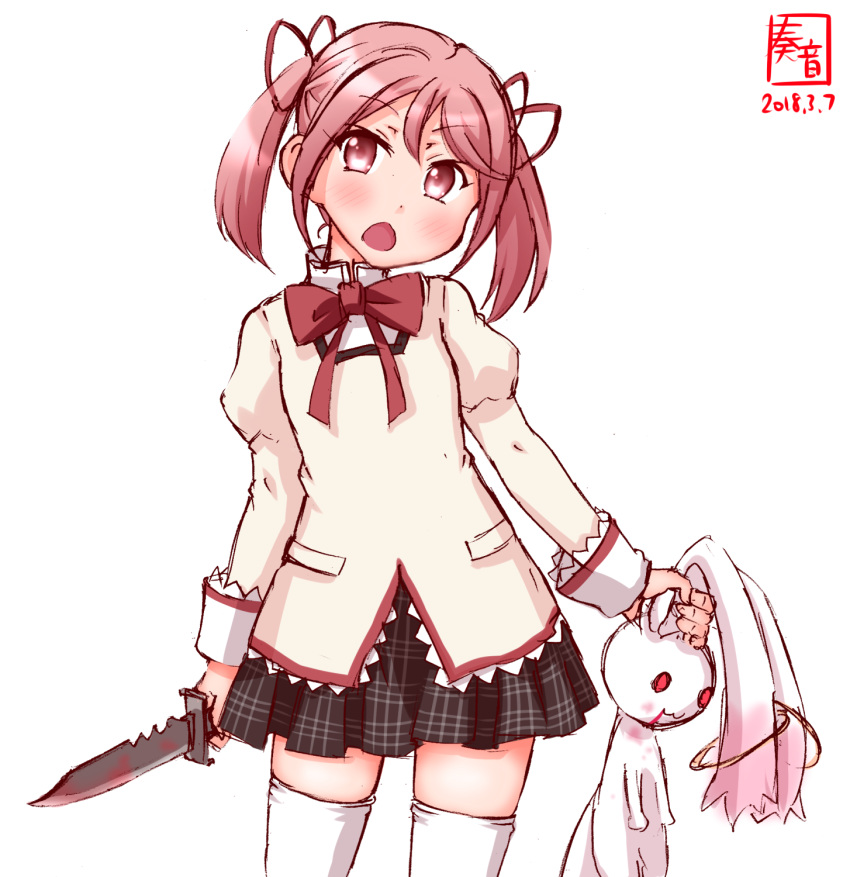 1girl black_skirt combat_knife commentary_request cosplay cowboy_shot dated highres kaname_madoka kaname_madoka_(cosplay) kanon_(kurogane_knights) kantai_collection knife kyubey logo look-alike looking_at_viewer mahou_shoujo_madoka_magica open_mouth pink_eyes pink_hair plaid plaid_skirt revision sazanami_(kantai_collection) school_uniform short_hair simple_background skirt solo thigh-highs twintails weapon white_background white_legwear