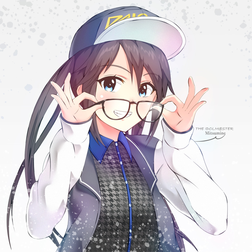 1girl baseball_cap black_hair blue_eyes blush commentary eyebrows_visible_through_hair glasses grin hat highres idolmaster idolmaster_shiny_colors jacket long_hair long_sleeves looking_at_viewer mitsumine_yuika ns.x removing_eyewear smile solo teeth twintails