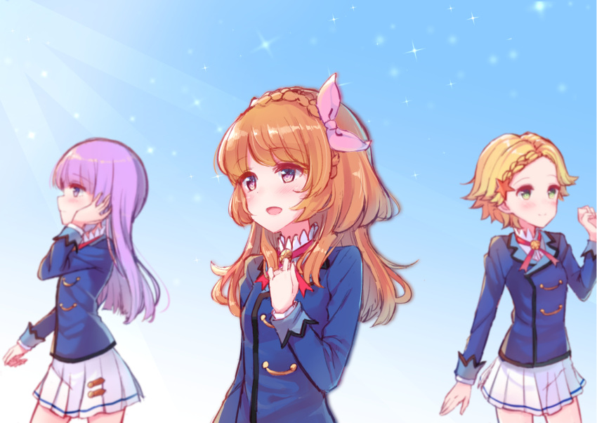 3girls :d aikatsu! bangs blonde_hair blue_jacket blue_sky blurry blurry_background blush braid breasts closed_mouth crown_braid day depth_of_field eyebrows_visible_through_hair green_eyes hair_ornament hair_ribbon hand_on_own_chest hand_up hikami_sumire jacket light_brown_hair long_hair long_sleeves makiaato multiple_girls oozora_akari open_mouth outdoors pink_ribbon pleated_skirt profile purple_hair ribbon school_uniform shinjou_hinaki shirt short_hair skirt sky small_breasts smile sparkle star star_hair_ornament starlight_academy_uniform sunlight very_long_hair violet_eyes white_shirt white_skirt