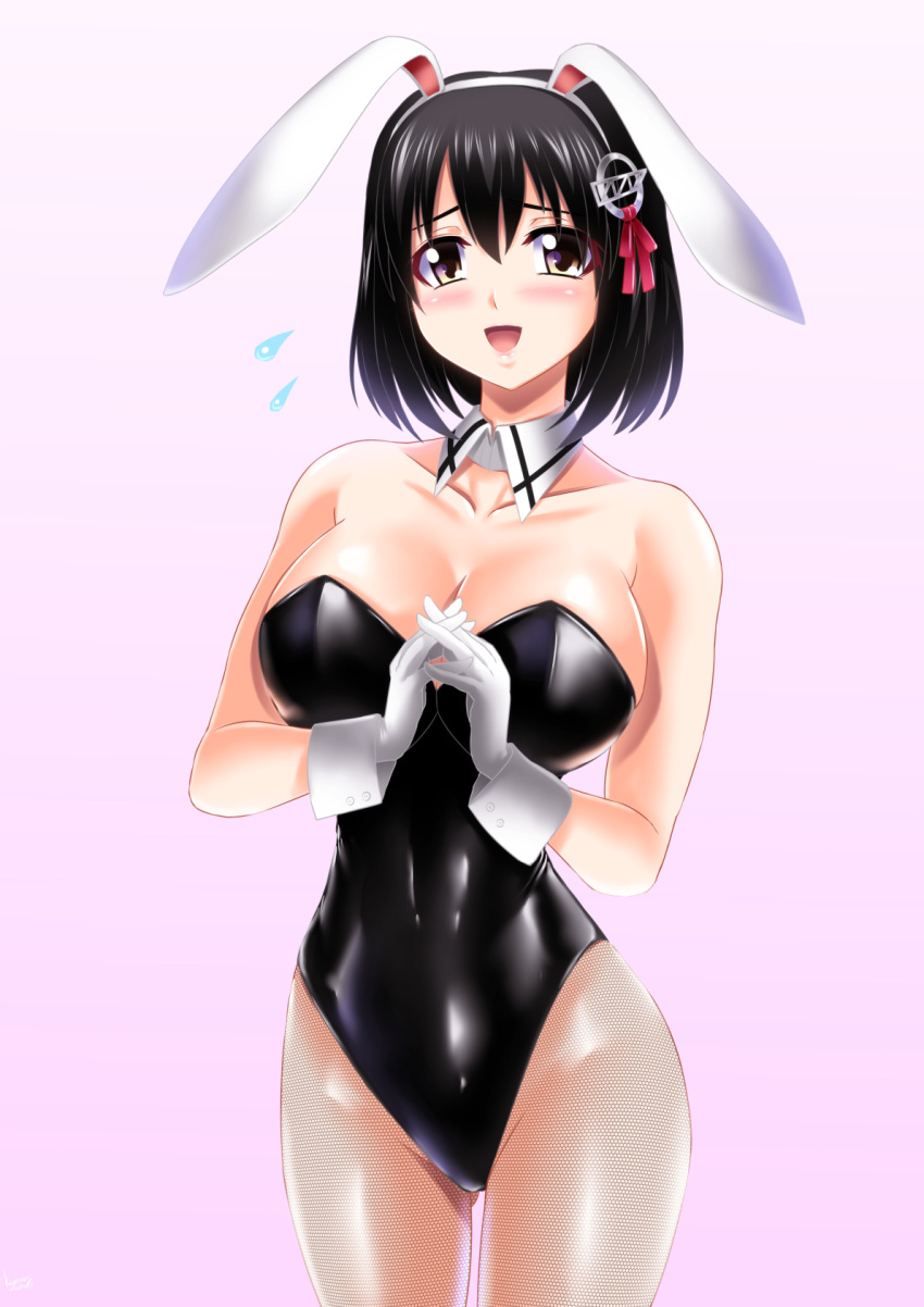 1girl animal_ears beige_background black_hair black_leotard breasts brown_eyes bunny_girl bunnysuit cleavage cowboy_shot detached_collar flying_sweatdrops gloves gradient gradient_background haguro_(kantai_collection) hair_ornament hairclip highres kantai_collection kogawawaki large_breasts leotard pantyhose rabbit_ears short_hair smile solo strapless strapless_leotard white_gloves white_legwear wrist_cuffs