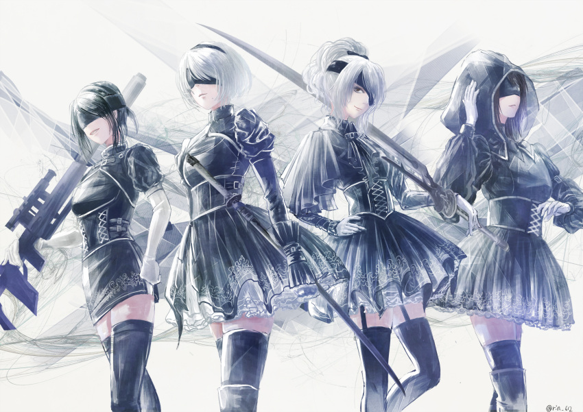 4girls commentary commentary_request highres multiple_girls wariko yorha_no._2_type_b