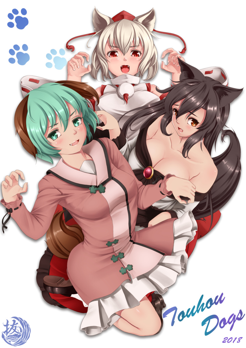 2018 3girls animal_ears bare_shoulders breasts brooch brown_hair cleavage collarbone commentary_request detached_sleeves dog_ears dog_tail dress fang fangs green_eyes green_hair hat highres imaizumi_kagerou inubashiri_momiji jewelry kasodani_kyouko large_breasts long_sleeves multiple_girls nuppa off_shoulder open_mouth orange_eyes pink_dress pom_pom_(clothes) red_eyes ribbon-trimmed_sleeves ribbon_trim shirt short_hair silver_hair simple_background sleeveless sleeveless_shirt small_breasts tail tokin_hat touhou turtleneck watermark white_background white_shirt wide_sleeves wolf_ears wolf_tail year_of_the_dog