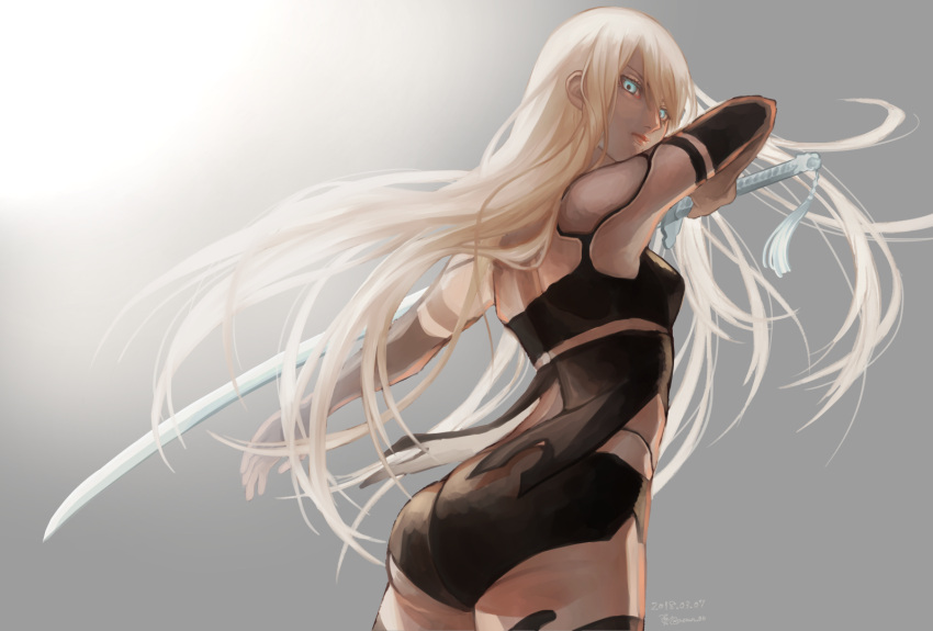 android armlet ass black_shorts blue_eyes elbow_gloves from_behind gloves hair_blowing holding holding_sword holding_weapon long_hair nier_(series) nier_automata pink_lips robot_joints short_shorts shorts silver_hair sword tank_top wa_(87s-87) weapon yorha_type_a_no._2