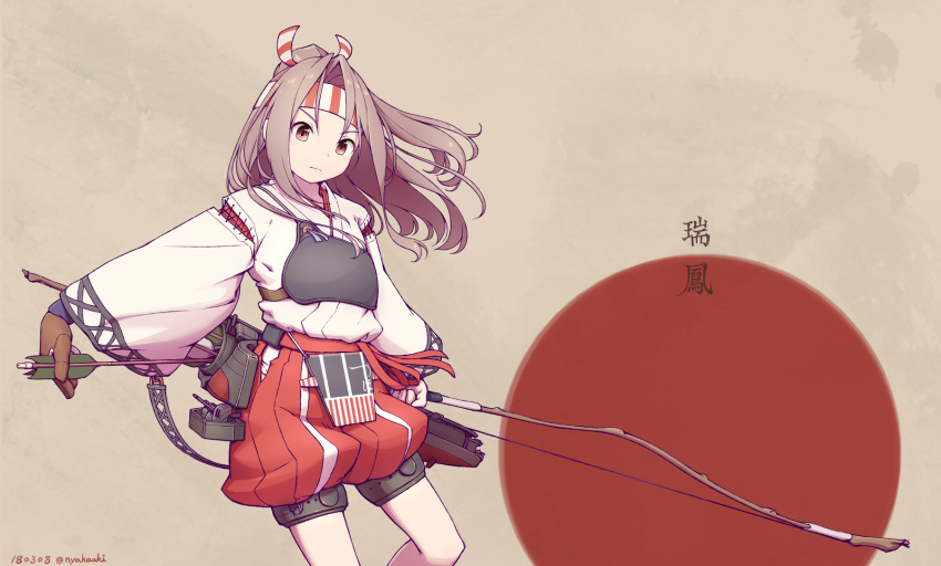 1girl bow_(weapon) brown_hair character_name circle cowboy_shot gloves hachimaki headband high_ponytail highres japanese_clothes kantai_collection light_brown_hair long_hair machinery mumyoudou muneate ponytail puffy_shorts quiver red_shorts rigging shorts single_glove solo weapon zuihou_(kantai_collection)