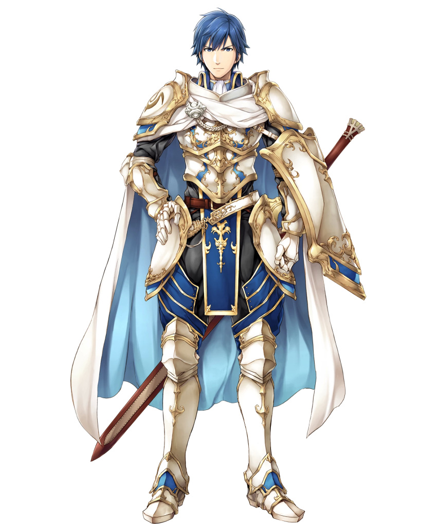 1boy armor blue_eyes blue_hair cape fire_emblem fire_emblem:_kakusei fire_emblem_heroes full_body highres krom shield short_hair solo sword transparent_background weapon