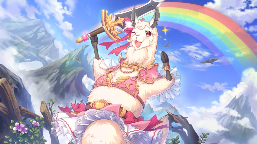 1girl armor bikini_armor cygames llama official_art one_eye_closed princess_connect! rainbow rima_(princess_connect) sword weapon yellow_eyes