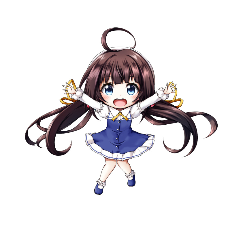 1girl :d ahoge arms_up bangs blue_dress blue_eyes blue_footwear blush bobby_socks brown_hair chibi dress eyebrows_visible_through_hair highres hinatsuru_ai kuena long_hair long_sleeves looking_at_viewer low_twintails no_hat no_headwear open_mouth outstretched_arms puffy_short_sleeves puffy_sleeves ryuuou_no_oshigoto! school_uniform shoes short_over_long_sleeves short_sleeves simple_background smile socks solo spread_arms twintails upper_teeth very_long_hair white_background white_legwear