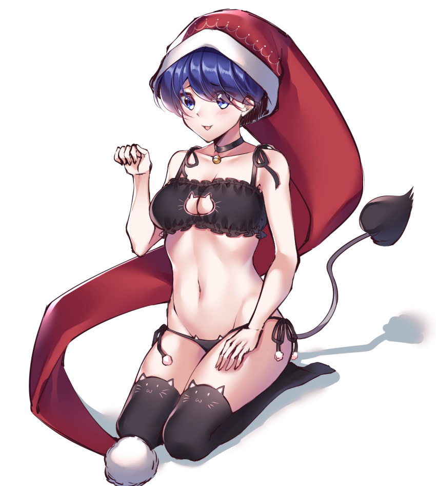 1girl :d animal_band_legwear bell bell_choker black_bra black_choker black_panties blue_eyes blue_hair blush bra breasts cat_band_legwear cat_cutout cat_ear_panties cat_lingerie choker doremy_sweet drawstring eyebrows_visible_through_hair eyes_visible_through_hair full_body gem_oblivion hand_on_lap hat highres jingle_bell looking_at_viewer medium_breasts meme_attire navel nightcap open_mouth panties paw_pose pom_pom_(clothes) short_hair side-tie_panties simple_background sitting smile solo tail tapir_tail thigh-highs touhou underwear underwear_only white_background