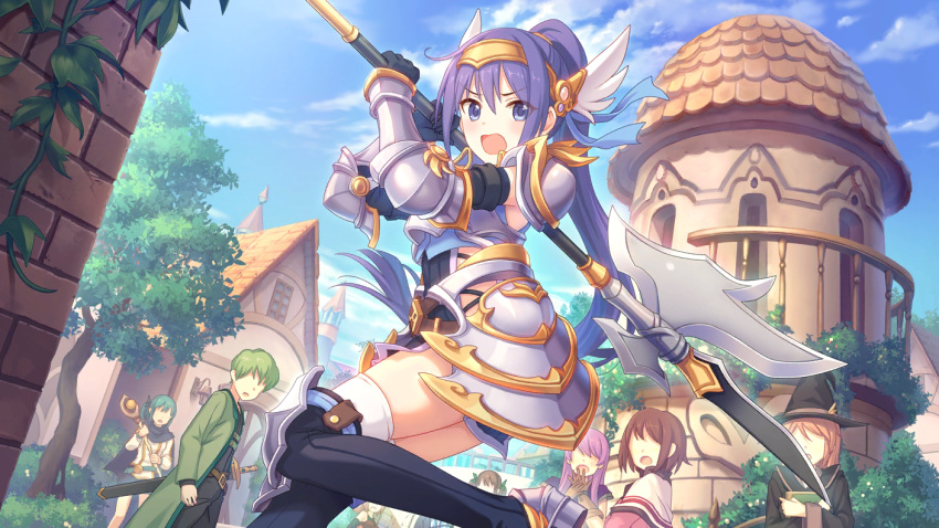 1girl armor boots cygames extra headband knee_boots official_art ogami_mifuyu polearm ponytail princess_connect! purple_hair violet_eyes weapon