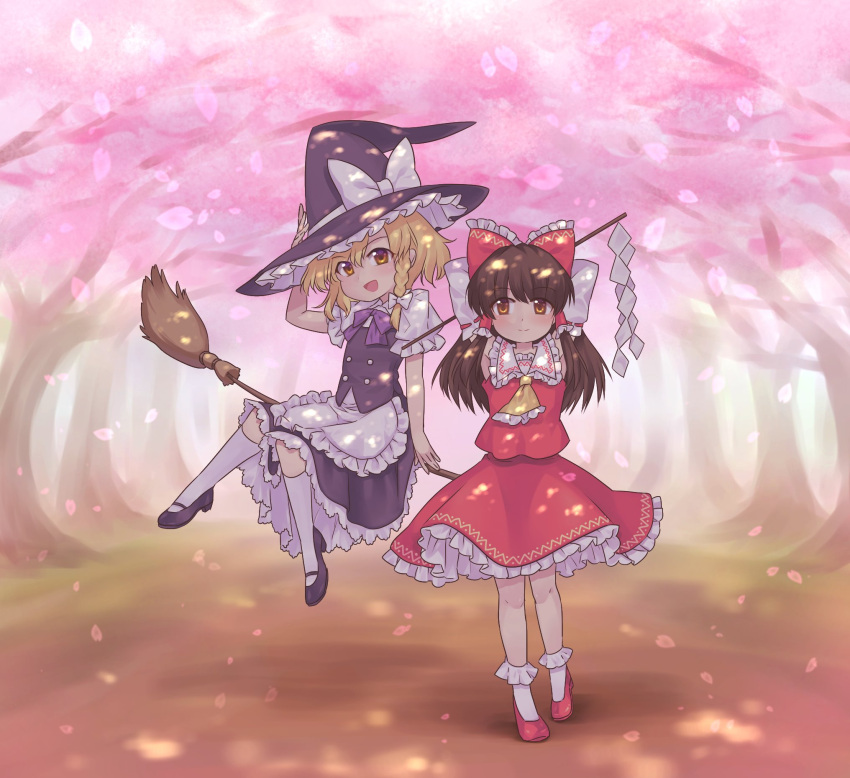 2girls :d apron armpit_peek armpits arms_behind_head ascot black_footwear black_skirt blonde_hair bow braid broom broom_riding brown_hair cherry_blossoms closed_mouth commentary detached_sleeves ear eyebrows_visible_through_hair frilled_bow frilled_hair_tubes frilled_shirt_collar frilled_skirt frills full_body gohei hair_bow hair_ribbon hair_tubes hakurei_reimu hand_up hat hat_bow highres imamiyajet kirisame_marisa kneehighs long_hair looking_at_viewer mary_janes multiple_girls open_mouth path plantar_flexion puffy_short_sleeves puffy_sleeves red_bow red_footwear red_shirt red_skirt ribbon ribbon-trimmed_sleeves ribbon_trim road shirt shoes short_hair short_sleeves side_braid sidesaddle single_braid sitting skirt smile socks spring_(season) touhou tree waist_apron waistcoat walking white_bow white_legwear white_ribbon white_shirt witch_hat yellow_eyes yellow_neckwear