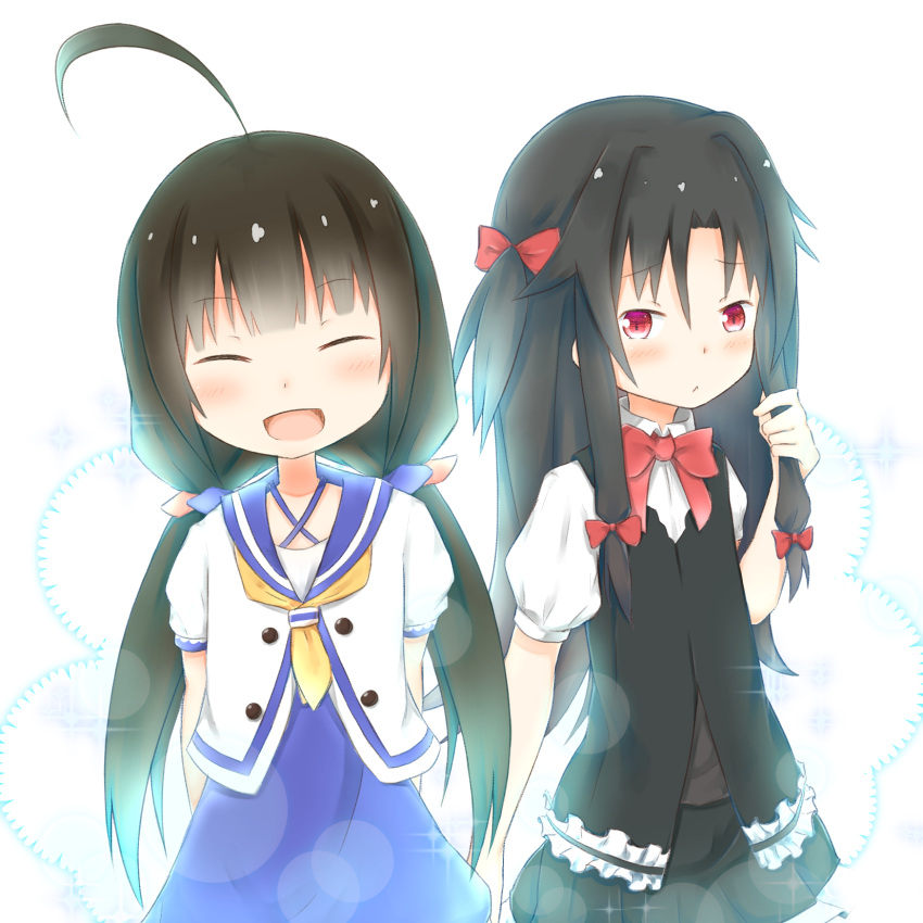 2girls :&lt; :d ^_^ ahoge bangs black_skirt black_vest blue_dress blush bow bowtie brown_hair brown_vest closed_eyes closed_mouth collared_shirt commentary_request dress eyebrows_visible_through_hair hair_between_eyes hair_bow highres hinatsuru_ai long_hair looking_at_viewer low_twintails multiple_girls neckerchief no_hat no_headwear one_side_up open_mouth pleated_skirt puffy_short_sleeves puffy_sleeves red_bow red_eyes red_neckwear ryuuou_no_oshigoto! shirt short_sleeves sidelocks skirt smile su_guryu twintails very_long_hair vest white_background white_shirt yashajin_ai yellow_neckwear