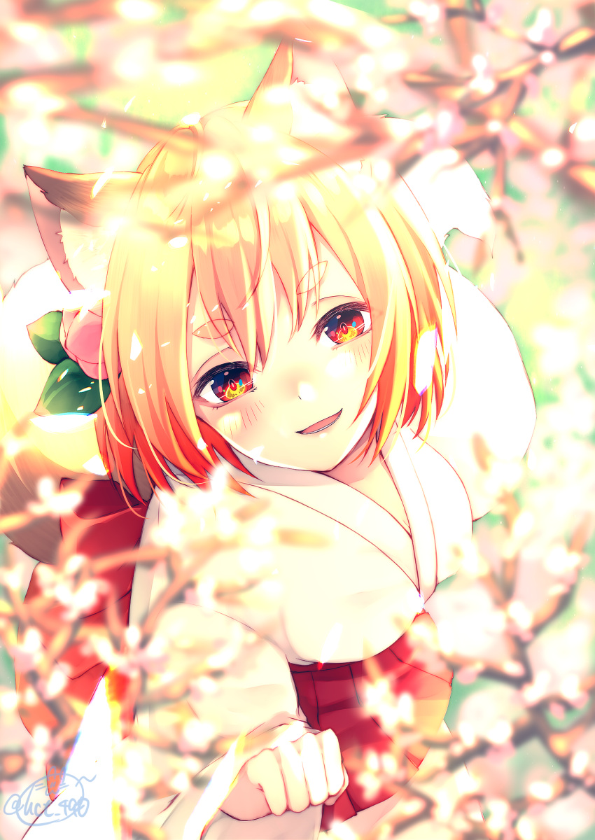 1girl :d animal_ears bangs blonde_hair blurry blurry_foreground blush breasts chita_(ketchup) commentary_request depth_of_field dutch_angle eyebrows_visible_through_hair flower fox_ears fox_girl fox_tail from_above hair_between_eyes hair_flower hair_ornament highres japanese_clothes kimono large_breasts looking_at_viewer looking_up open_mouth original pink_flower pleated_skirt red_eyes red_skirt short_hair short_kimono signature skirt smile solo tail thick_eyebrows white_kimono