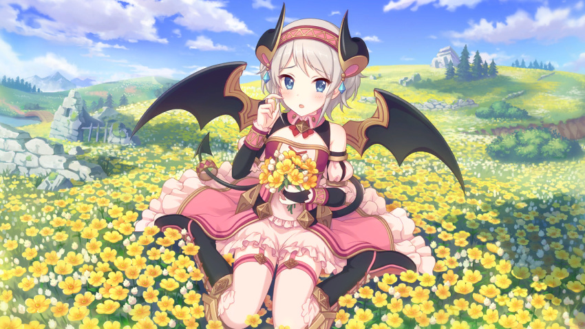 1girl blue_eyes boots cygames demon_tail demon_wings earrings field flower flower_field grey_hair horns jewelry kazemiya_yori knee_boots official_art princess_connect! tail wings