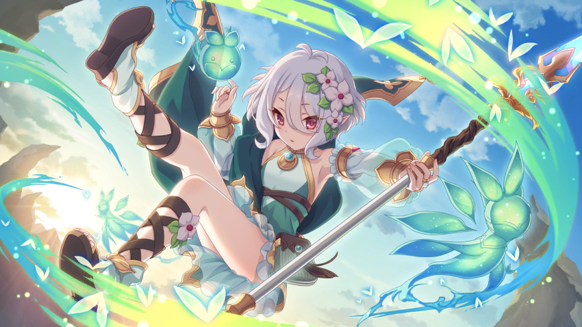 1girl cygames elf flower hair_flower hair_ornament kokkoro_(princess_connect!) official_art pointy_ears polearm princess_connect! red_eyes spear weapon white_hair