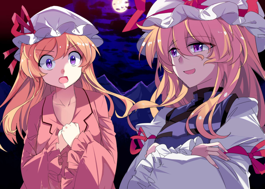2girls blonde_hair blush collarbone commentary_request crossed_arms e.o. eyebrows_visible_through_hair frills hat hat_ribbon juliet_sleeves long_hair long_sleeves looking_at_another maribel_hearn mob_cap moon mountain multiple_girls night night_sky open_mouth outdoors pajamas puffy_sleeves red_ribbon revision ribbon sky smile tabard touhou upper_body v-shaped_eyebrows violet_eyes white_hat wide_sleeves yakumo_yukari