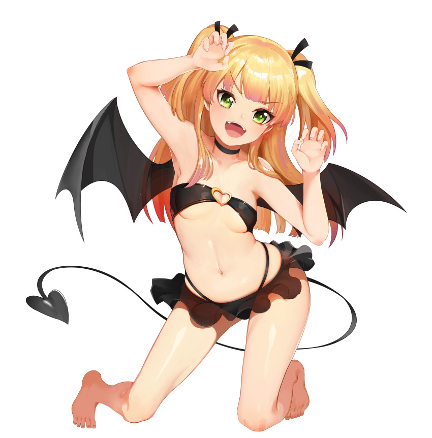 &gt;:d 1girl :d absurdres bangs barefoot bikini black_bikini black_choker black_ribbon blonde_hair blush breasts choker demon_girl demon_tail demon_wings eyebrows_visible_through_hair fangs full_body green_eyes hair_ribbon highres hpb8642 idolmaster idolmaster_cinderella_girls jougasaki_rika long_hair looking_at_viewer miniskirt navel open_mouth ribbon simple_background skirt small_breasts smile swimsuit tail twintails two_side_up white_background wings