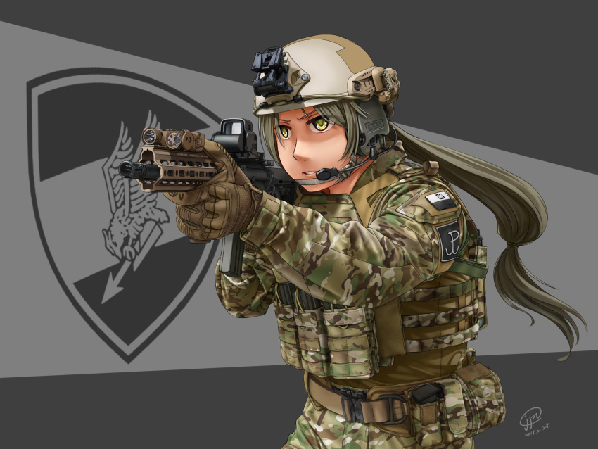 1girl aiming assault_rifle badge camouflage gloves gun heckler_&amp;_koch helmet highres hk416 jpc magazine_(weapon) military military_operator military_uniform multicam_(camo) rifle tactical_clothes uniform weapon