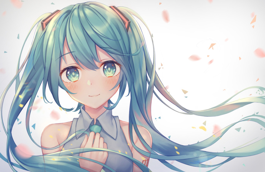 1girl blush eyebrows_visible_through_hair floating_hair green_eyes green_hair hand_on_own_chest hatsune_miku head_tilt highres kawami_nami long_hair looking_at_viewer smile solo twintails upper_body vocaloid