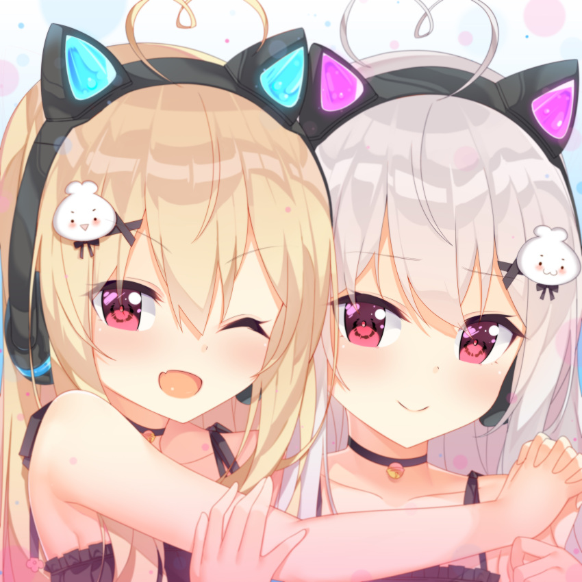 2girls ;d absurdres ahoge animal_ears bangs bare_arms bare_shoulders bell bell_choker black_bra black_choker blonde_hair blush bra cat_ear_headphones cat_ears cat_lingerie choker closed_mouth collarbone commentary_request eyebrows_visible_through_hair fang frilled_bra frills hair_between_eyes hair_ornament hand_holding headphones heart_ahoge highres interlocked_fingers jingle_bell looking_at_viewer meme_attire multiple_girls niliu_chahui one_eye_closed open_mouth original siblings silver_hair sisters smile tokisaki_asaba tokisaki_mio twins underwear violet_eyes x_hair_ornament