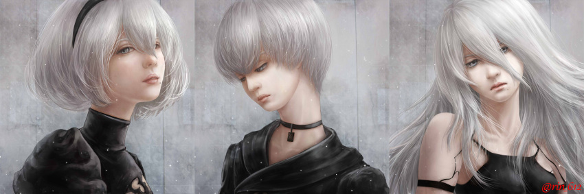 1boy 2girls android black_shirt bob_cut breasts choker closed_mouth collarbone commentary commentary_request face grey_background grey_eyes grey_hair hair_between_eyes highres lips long_hair looking_at_viewer looking_away looking_down multiple_girls nier_(series) nier_automata nose parted_lips realistic serious shirt short_hair signature sleeveless small_breasts tiara turtleneck wariko yorha_no._2_type_b yorha_no._9_type_s yorha_type_a_no._2