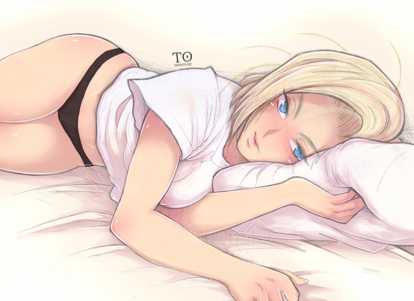1girl android_18 antiheld artist_name bed black_panties blonde_hair blue_eyes dragon_ball dragonball_z erect_nipples highres looking_at_viewer lying on_side panties pillow shirt simple_background solo underwear white_shirt