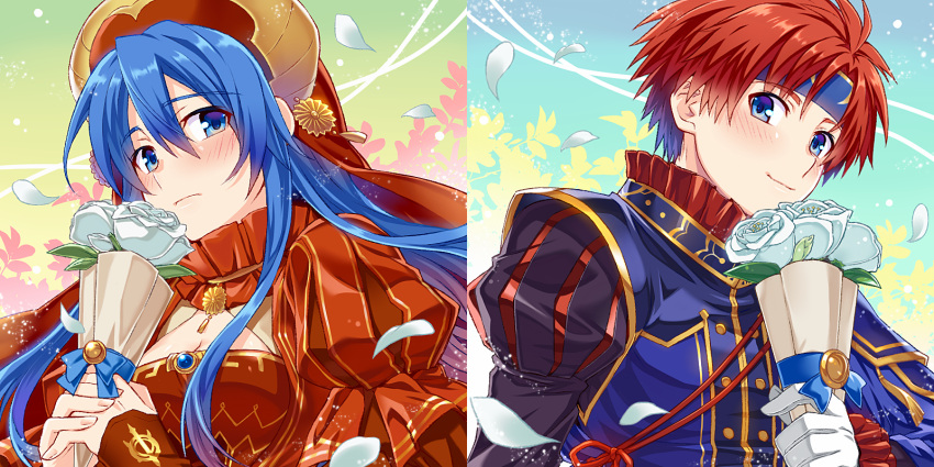 1boy 1girl blue_eyes blue_hair blush couple dress fire_emblem fire_emblem:_fuuin_no_tsurugi fire_emblem_heroes flower gloves hat hetero highres jewelry lilina long_hair redhead roy_(fire_emblem) short_hair smile yuki_(sumaburalove)