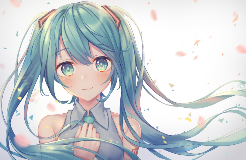 1girl aqua_neckwear bangs bare_shoulders blush closed_mouth collared_shirt eyebrows_visible_through_hair floating_hair green_eyes green_hair grey_background grey_shirt hand_on_own_chest hatsune_miku head_tilt highres kawami_nami long_hair looking_at_viewer motion_blur necktie number_tattoo petals revision shirt shoulder_tattoo sleeveless sleeveless_shirt smile solo tareme tattoo twintails upper_body vocaloid wing_collar