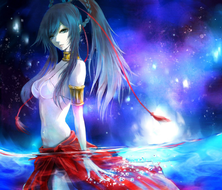 1girl aqua_eyes armlet bikini black_hair braid breasts choker closed_mouth commentary commentary_request cowboy_shot from_side long_hair long_skirt navel night night_sky original partially_submerged red_skirt skirt sky small_breasts standing swimsuit tied_hair wariko water white_bikini white_skin